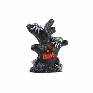 Halloween scary resin tree trunk figurine with orange pumpkin face and silver spiders decoration