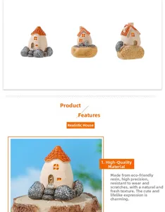 Macro shot of durable resin fairy garden houses with orange roofs and stone details