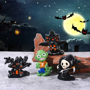 3D Halloween figurines set featuring ghost wizard pumpkin and haunted house decor