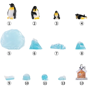 Miniature landscape decor set with 13 resin penguins and blue transparent ice blocks