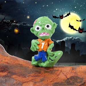 3D cartoon zombie ghost figurine with green skin and orange shirt for Halloween decor