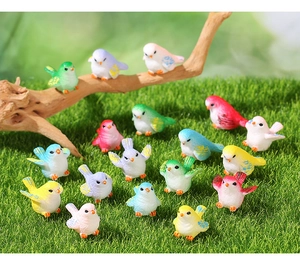 Miniature resin bird figurines in various colors for succulent garden landscaping
