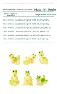 Detailed size chart and dimensions for six different cartoon resin crocodile figurines