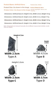 Size chart showing resin artificial rocks for micro landscapes with detailed dimensions