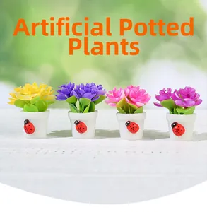 Set of four colorful miniature dollhouse potted plants with tiny ladybug details