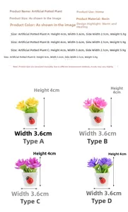 Detailed view of four colorful resin miniature potted flowers with dimensions and material info