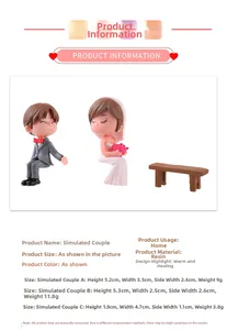 Detailed macro view showing a miniature resin wedding couple sitting on a tiny garden bench