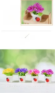 Miniature dollhouse potted plants set featuring colorful resin flowers and ladybug detail