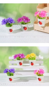 Detailed macro view of miniature dollhouse potted flowers with ladybug ornaments