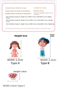 Size chart showing height and weight for couple resin figurines micro landscape decor