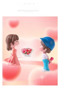 Macro shot of romantic couple figurines with a boy hiding a rose and a girl in a pink dress