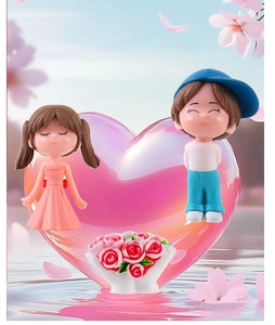 Detail of cute resin couple figurine set with flowers for car and desk micro landscape