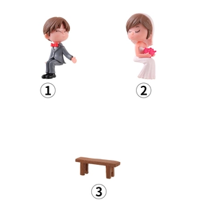 Cartoon miniature wedding couple set with bride, groom, and bench for micro landscape garden