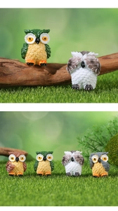Detailed view of four resin owl figurines for succulent moss landscape decoration