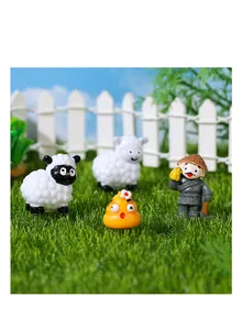 Miniature resin farm set with cute sheep, a farmer figurine, and yellow garden ornaments