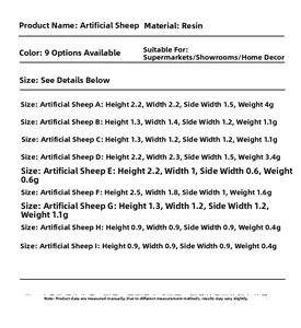 Size chart for resin farm animal miniatures showing detailed dimensions and weights