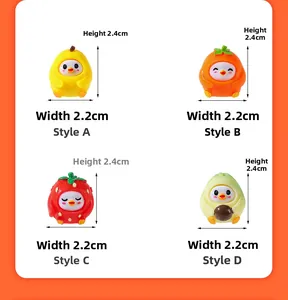Detailed size view of four resin bird figurines in fruit costumes measuring 2.4cm