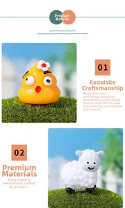 Miniature resin farm animals featuring a cartoon sheep and orange character on grass bases