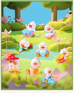 Detailed view of 8 cute miniature duck figurines with various cartoon props and accessories