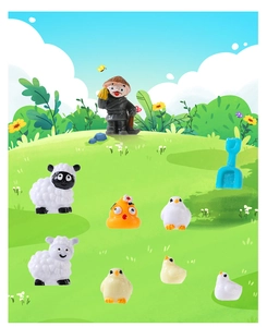 Miniature resin farm animal figurines set featuring farmer, sheep, and birds for DIY garden