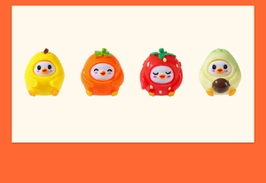 Miniature resin bird figurines wearing banana, persimmon, strawberry and avocado suits