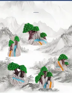 Detailed macro view of five miniature resin landscape ornaments with Chinese ink painting backdrop