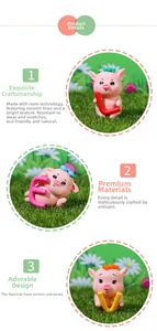 Détails de trois figurines de cochons roses tenant les lettres L, E et V en résine