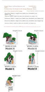 Size chart for miniature resin mountain ornaments with dimensions and weight specs