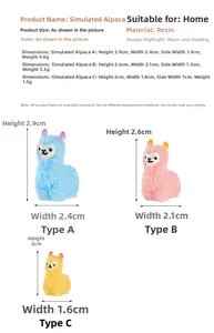 Detailed size chart for miniature resin alpacas showing heights from 2.0cm to 2.9cm