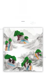 Macro view of miniature resin landscape ornaments with gray rocks and green trees
