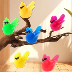 Set of six colorful resin hummingbird figurines perched on a natural wood branch