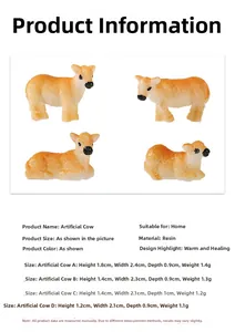 Detailed size parameters for four miniature resin cow figurines in standing and lying poses