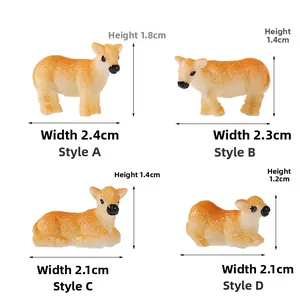 Detailed view of four miniature cow resin figurines with specific size dimensions