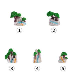 Miniature zen rockery bonsai decor with green trees and orange steps set of 5