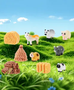 Vista detallada de figuritas de animales de granja de resina y pacas de heno