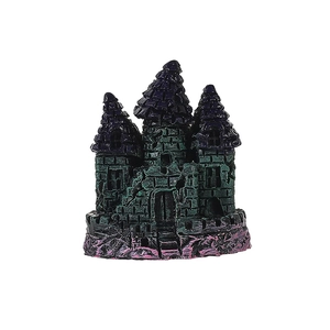 Resin medieval castle aquarium decoration with green moss texture and purple towers