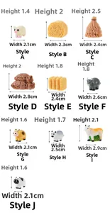 Size chart for miniature farm animals showing height and width of resin pig and cow figurines