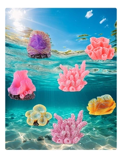 Set dettagliato di sette coralli colorati in resina per decorazione e acquascaping