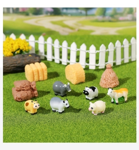 Miniature farm animal set with cows, pigs, hay bales, and fences for DIY terrariums