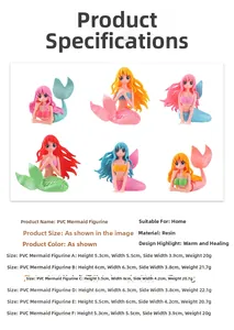 Detailed size specifications for six colorful resin mermaid figurines for micro landscapes