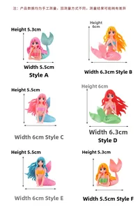 Detailed size chart showing dimensions for six different PVC mermaid figurines in centimeters