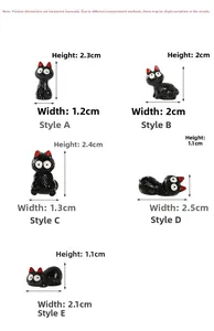 Detailed size specifications for five types of miniature black cat resin figurines