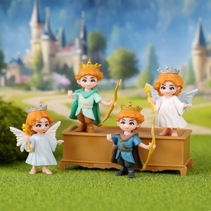 Cartoon angel princess and prince miniature figures on golden chest base for car or desk