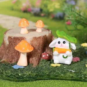 Miniature resin rabbit with leaf hat and mushrooms on moss base for garden DIY