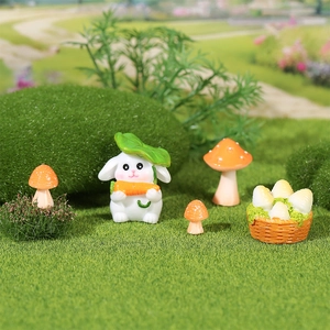 Miniature garden set with cute rabbit figurine, orange mushrooms and tiny basket decor