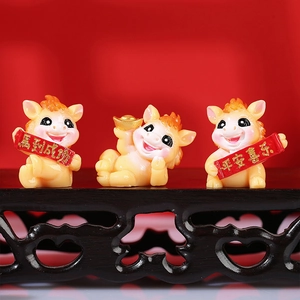 Three Chinese zodiac horse resin figurines with gold ingots and lucky scrolls on red background