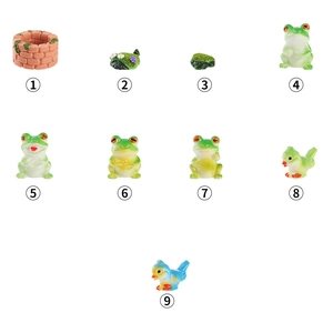 9-piece resin miniature garden set with frogs, birds, well and mossy rocks for DIY decor