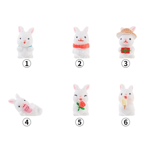 Set of 6 cute white resin bunny figurines with hats and gifts for micro landscapes