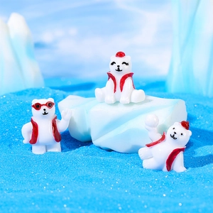 Three cute resin polar bear figurines in red winter outfits for micro landscape decor