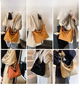 Collage of model wearing a matte leather tote bag in brown, black, and khaki colors